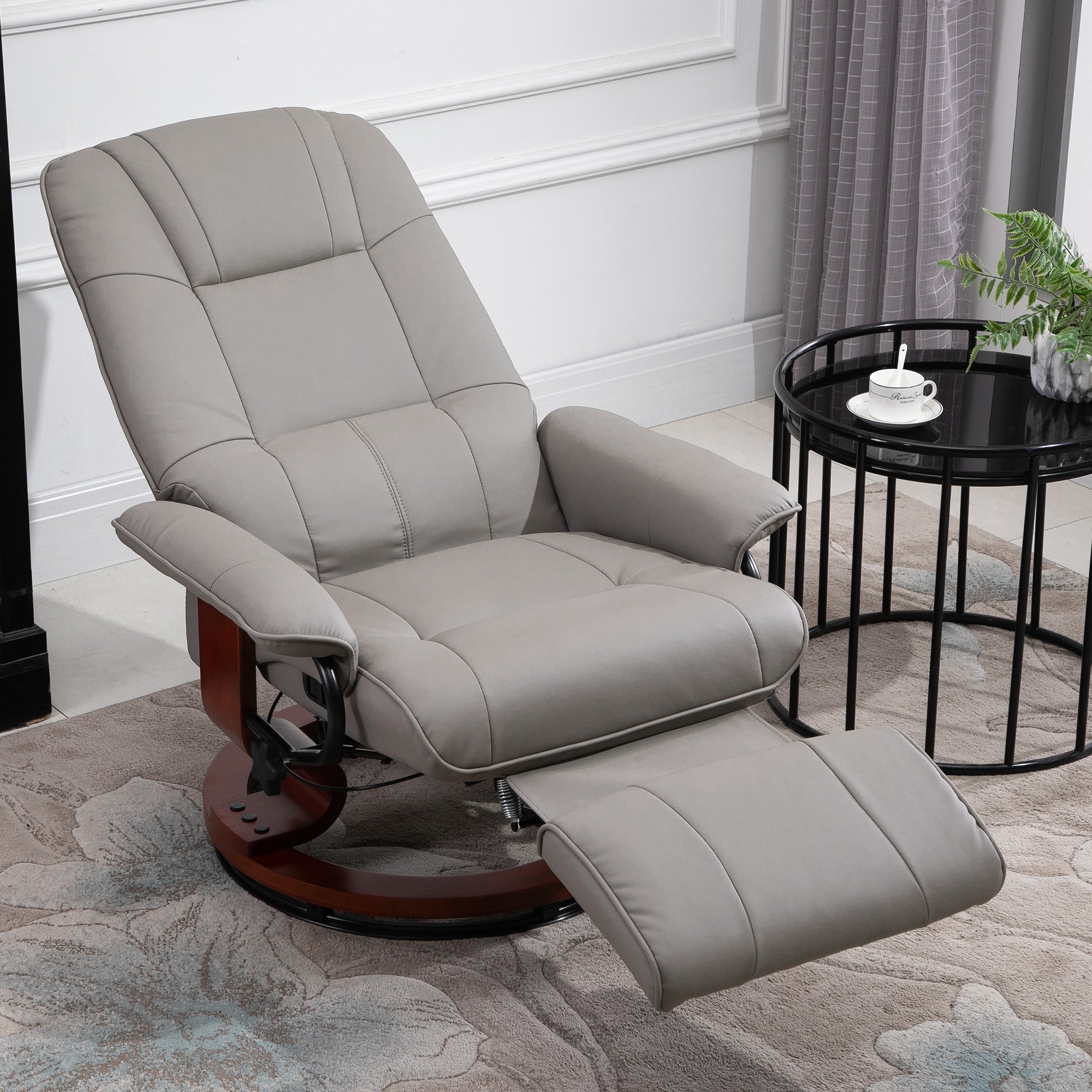 HOMCOM 360° Swivel Recliner Chair with Footstool, Manual Recliner Armchair with Wooden Base, Faux Leather Upholstered Reclining Chair for Living Room, Bedroom, Office, Grey